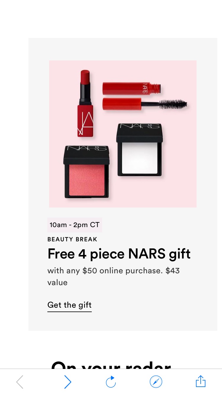 Ulta 满50送NARS四件套，含大白饼+腮红