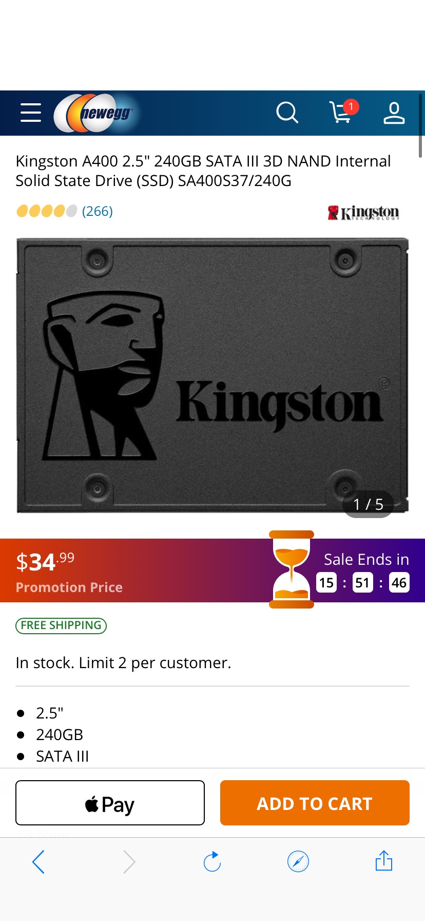 Kingston A400 2.5" 240GB SATA III 3D NAND Internal Solid State Drive (SSD) SA400S37/240G Internal SSDs 硬盘