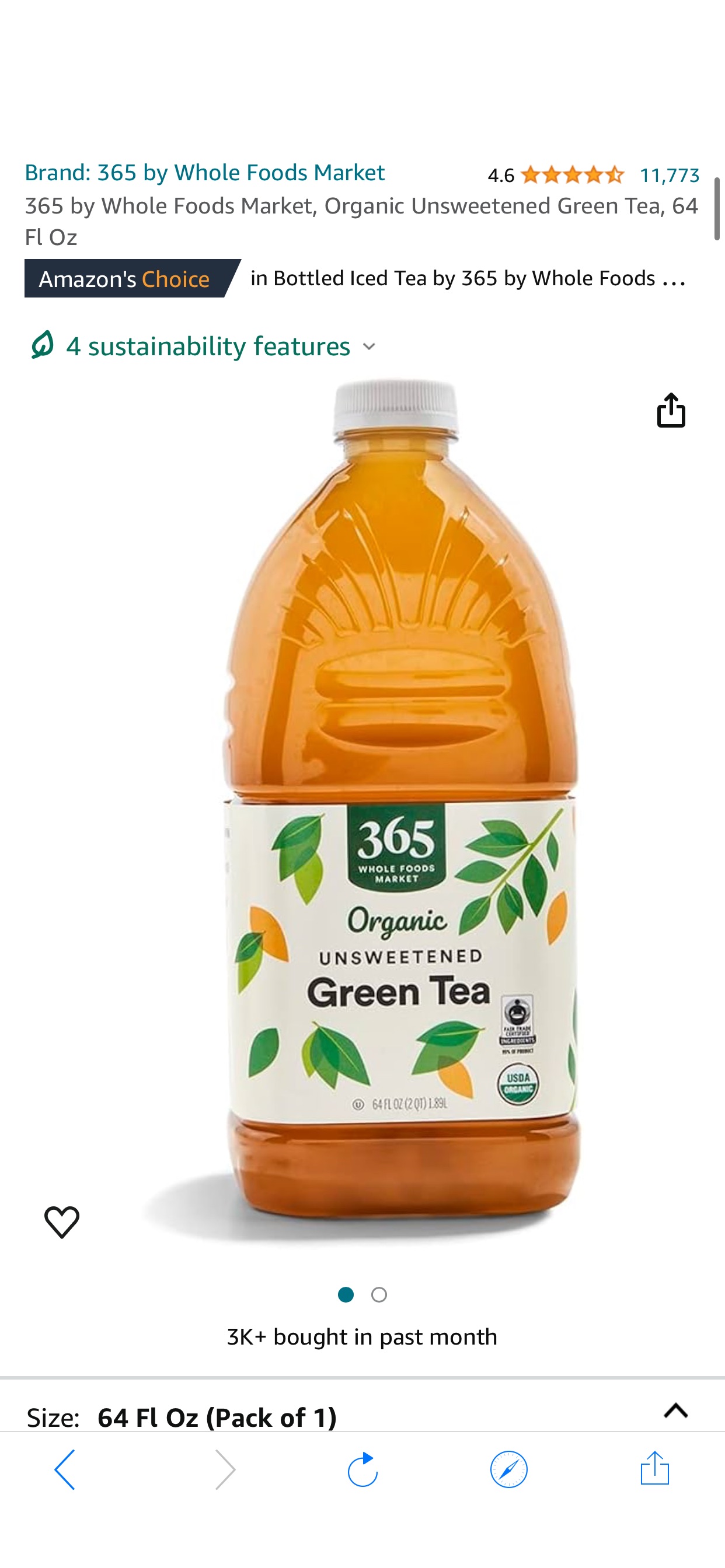 Amazon.com: 365 by Whole Foods Market, Organic Unsweetened Green Tea, 64 Fl Oz 有机绿茶