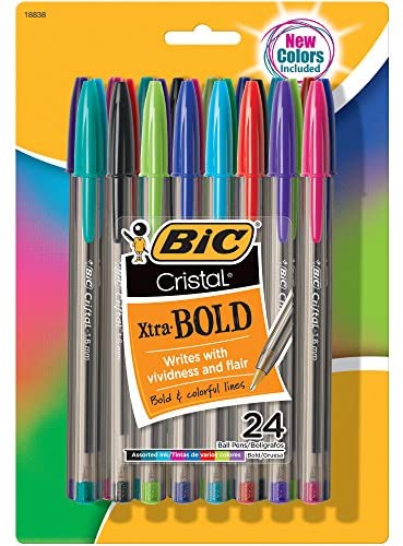 顺滑色美，24支BIC Cristal Xtra Bold Fashion Ballpoint Pen, Bold Point (1.6mm), Assorted Colors, 24-Count