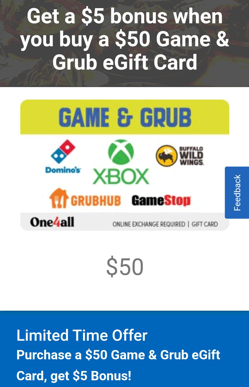 Get a $5 bonus when you buy a $50 Game & Grub eGift Card