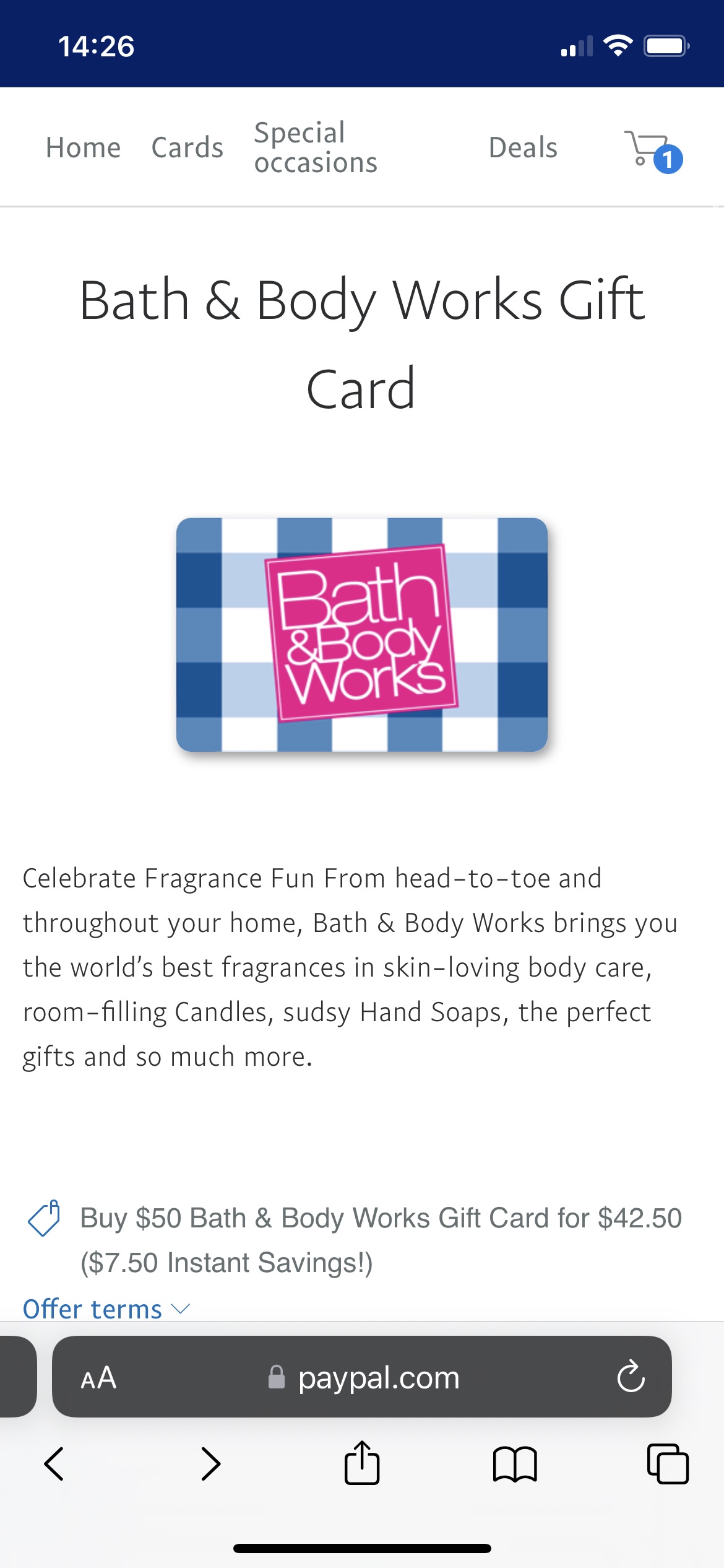 Bath & Body Works 花 $42.50 买 $50 gift card