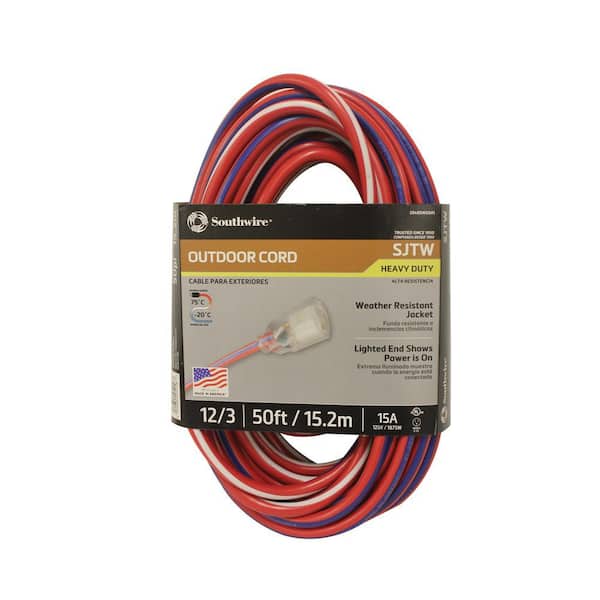 Southwire 50 ft. 12/3 SJTW USA Outdoor Heavy-Duty Extension Cord with Power Light Plug 2548SWUSA1 - The Home Depot