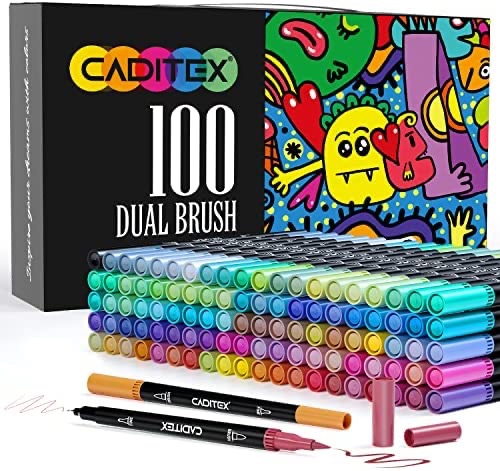成人着色记号笔 - CADITEX 100 色双毛笔细尖记号笔套装，适用于艺术家绘画