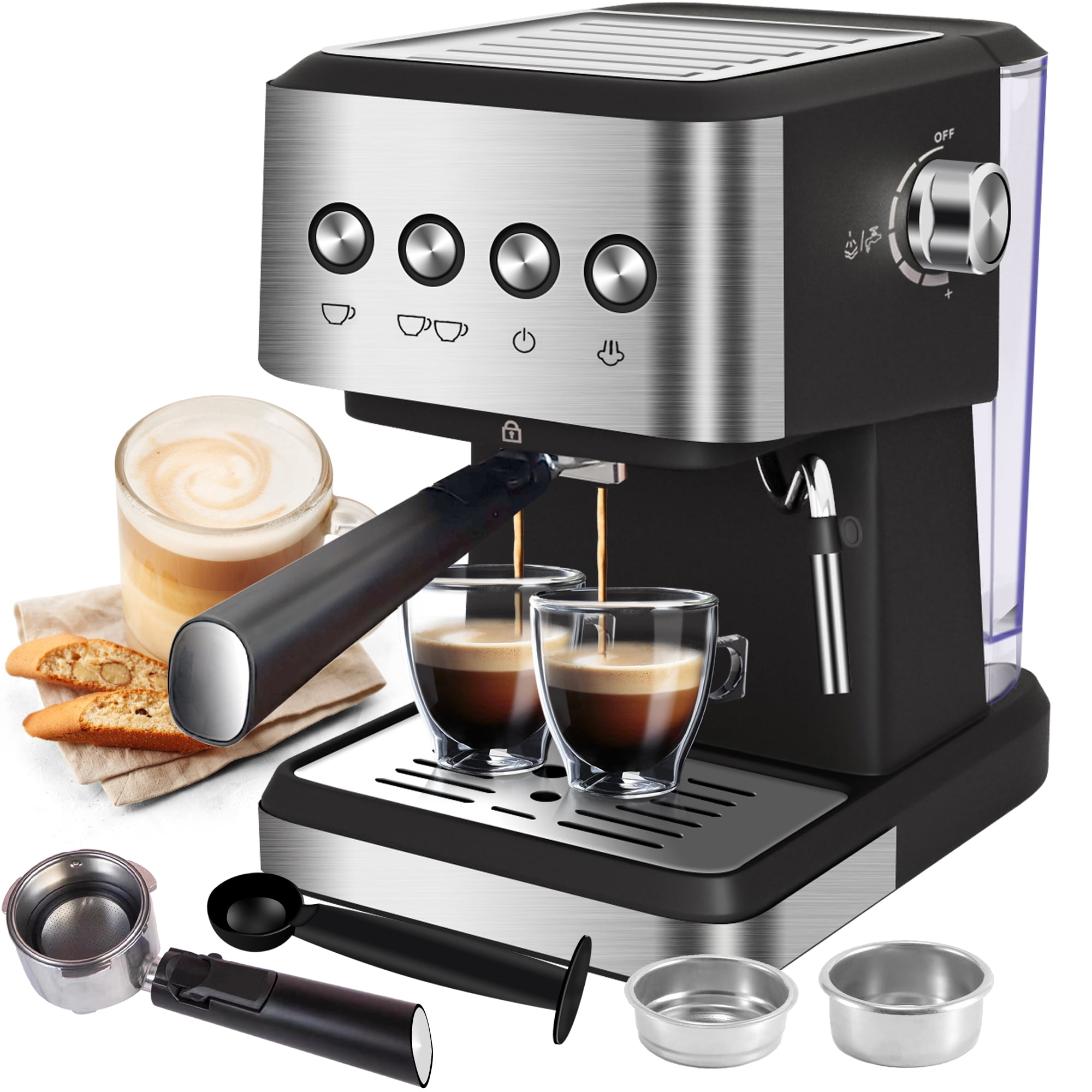 Espresso Machine 20 Bar, 1.5L Water Tank Milk Frother Steam, Stainless Steel Coffee Maker, Silver - Walmart.com