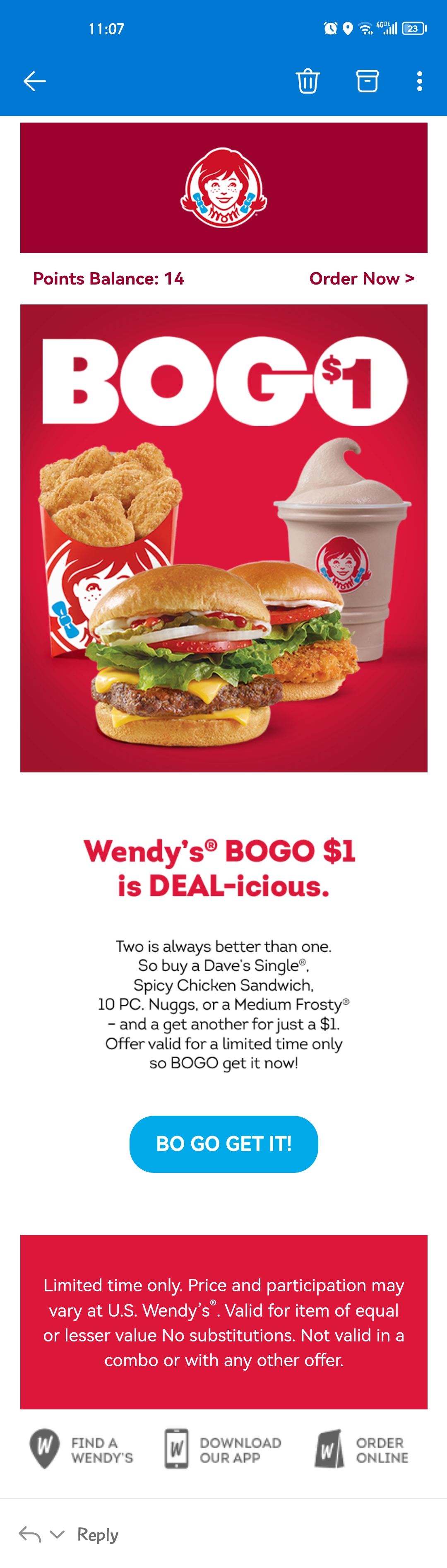 Wendy's BOGO$1 促销
