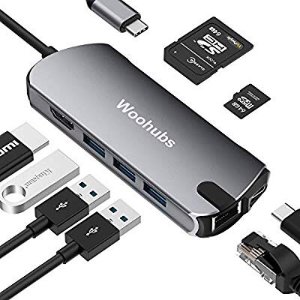 Woohubs USB C Hub Multiport dongle, 8-in-1 USB C Adapter with 4K USB C to HDMI, USB C Charging, Gigabit Ethernet,3 USB 3.0, SD/TF Card Reader, USB C Dock 8合1 多功能集线器