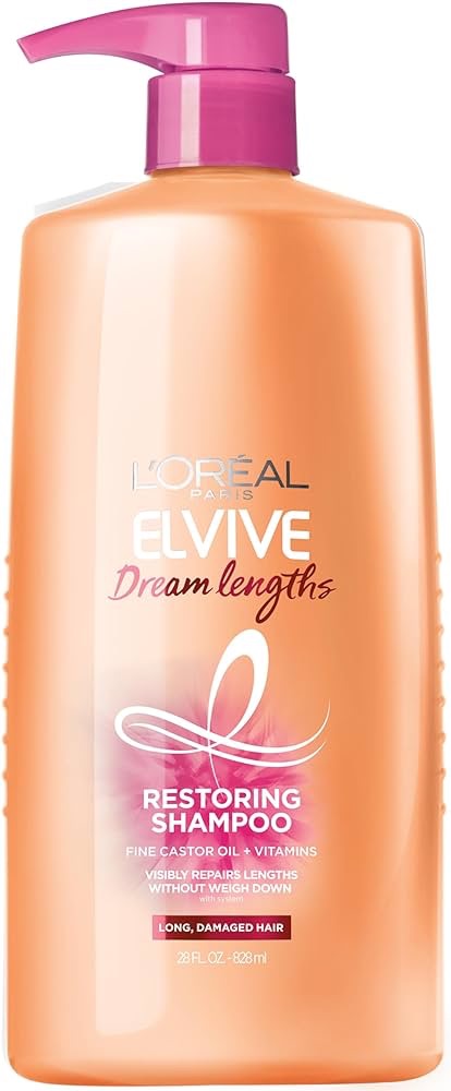 Amazon.com : L'Oreal Paris Elvive Dream Lengths Restoring Shampoo With Fine Castor Oil and Vitamins B3 and B5 for Long, Damaged Hair, Visibly Repairs Damage Without Weighdown With System, 28 Fl Ounce 