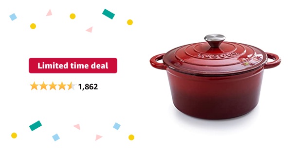 Limited-time deal: Cast Iron Pot with Lid – Non-Stick Ovenproof Enamelled Casserole Pot, Oven Safe up to 500° F – Sturdy Dutch Oven Cookware – Red, 5-Quart, 24cm – by Nuovva