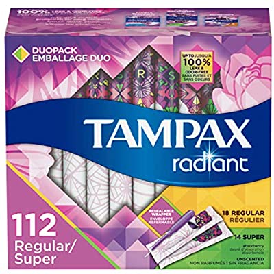 Tampax Radiant 卫生棉条  Regular/Super Absorbency Duopack, 112 Count, Unscented (28 Count, Pack of 4 - 112 Count Total): Health & Personal Care