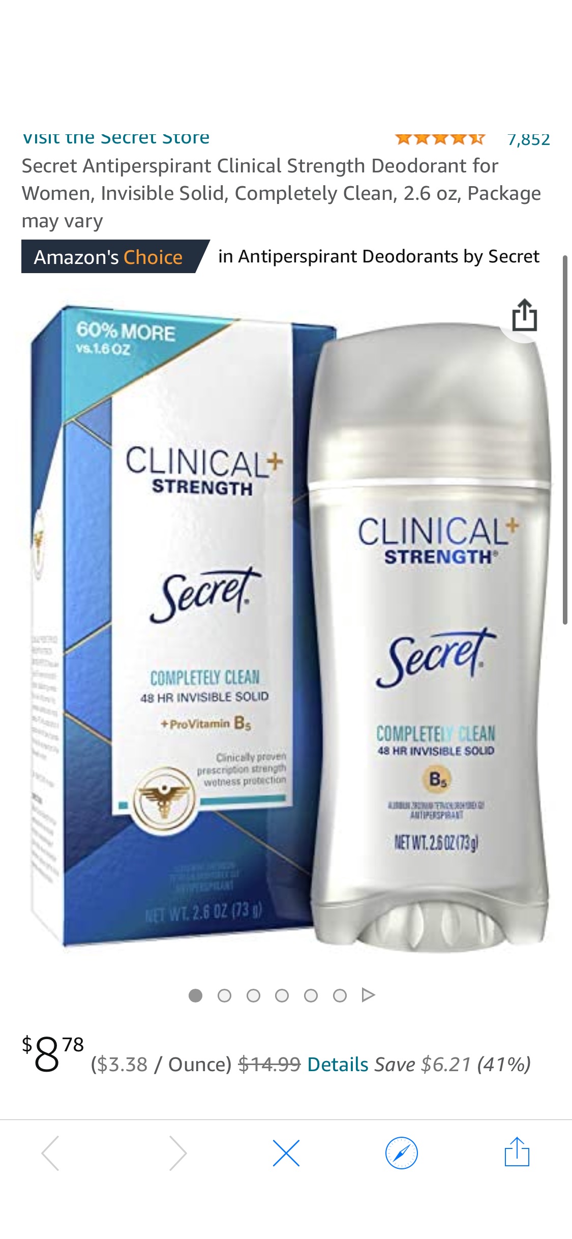 Secret Antiperspirant Clinical Strength Deodorant for Women，隐形固体，完全清洁，2.6 盎司，包装可能有所不同