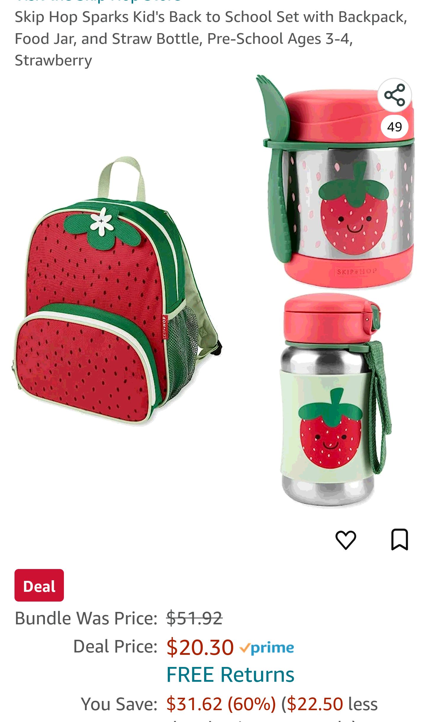 Skip Hop Sparks Kid's Back to School Set with Backpack, Food Jar, and Straw Bottle, Pre-School Ages 3-4, Strawberry : Baby