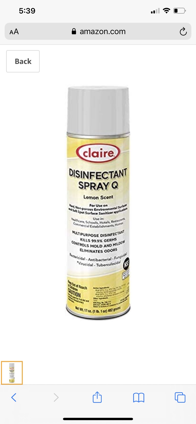Amazon.com: Claire 消毒喷雾剂Disinfectant Spray Q - Lemon Scent; 17 oz. net wt.: Health & Personal Care