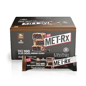 Amazon.com : MET-Rx Big 100 Protein Bar, Meal Replacement Bar, 30G Protein, Salted Caramel Brownie Crunch, 9 Count, 3.52 Oz.(Packaging may vary) : Health &amp; Household