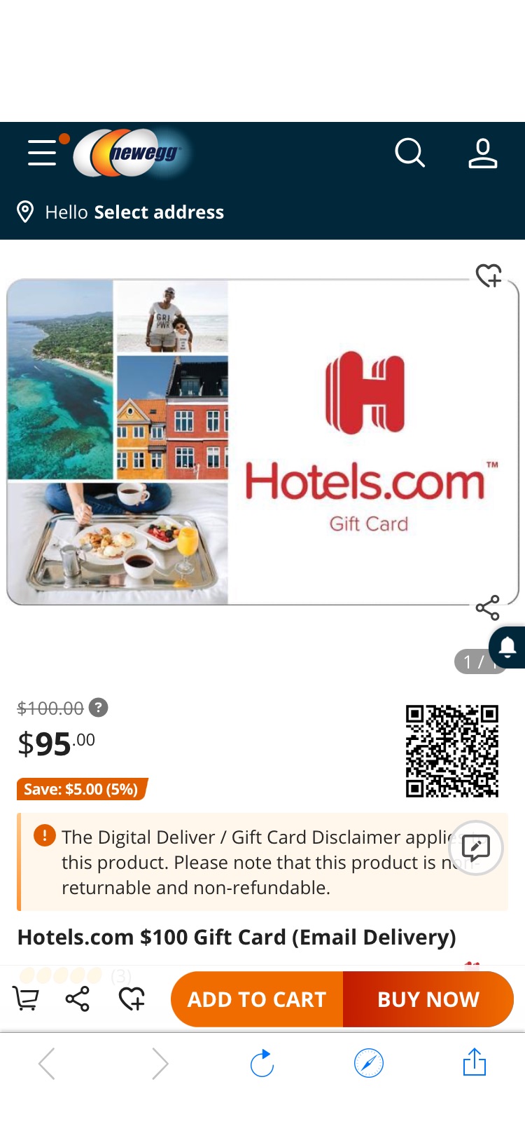 Hotels.com $100 礼卡95入- Newegg.com