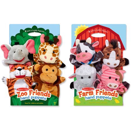 Melissa & Doug Animal Hand Puppets (Set of 2, 4 animals in each) - Zoo Friends and Farm Friends - Walmart.com 动物园手套玩偶和农场玩偶