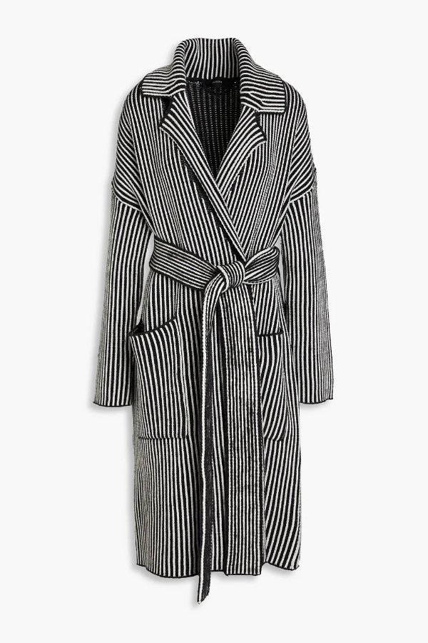 Charcoal Belted striped merino wool-blend coat | JOSEPH | THE OUTNET