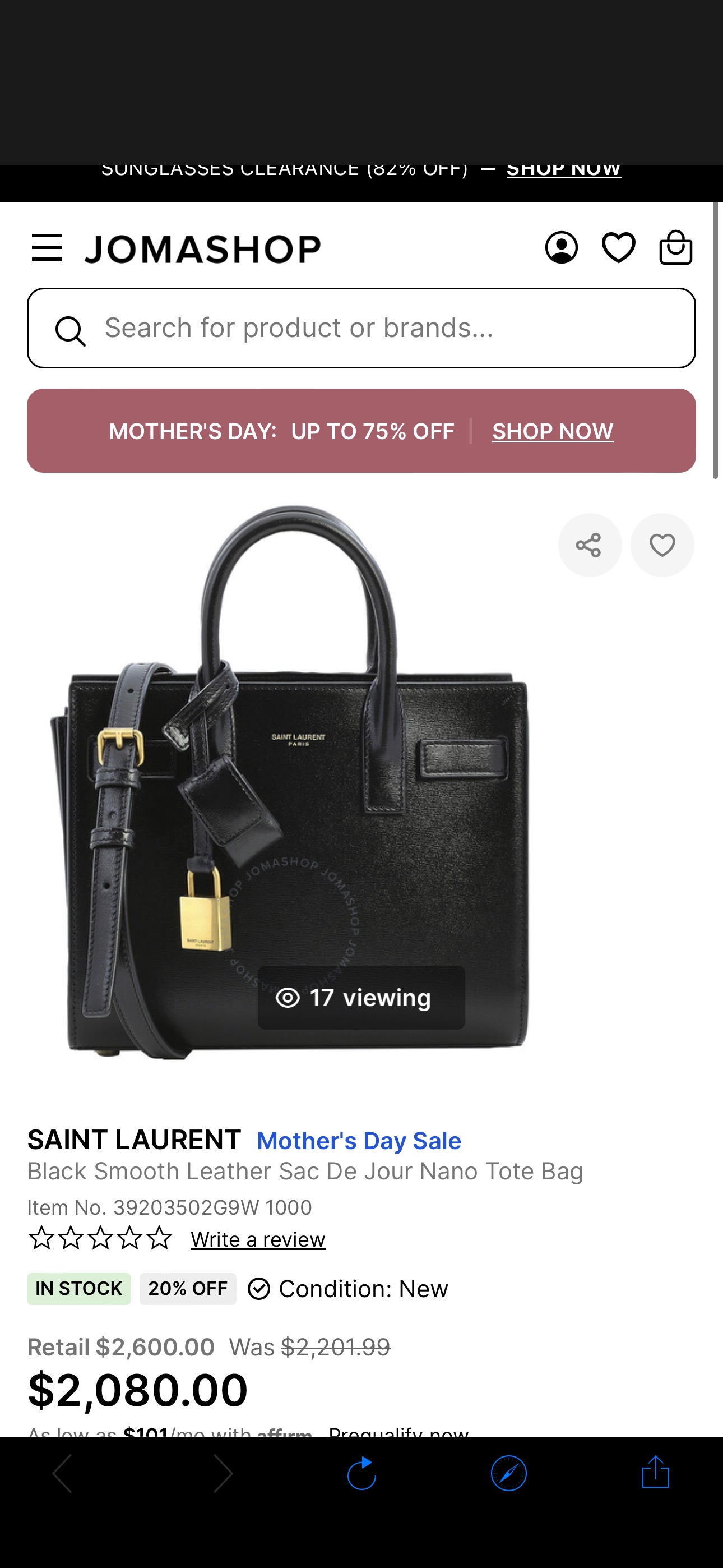 Saint Laurent Black Smooth Leather Sac De Jour Nano Tote Bag 39203502G9W 1000 101076075012 - Handbags, YSL - Jomashop
