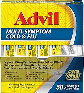 Amazon.com: Advil Multi Symptom Cold and Flu Medicine, Cold Medicine for Adults with Ibuprofen, Phenylephrine HCL and Chlorpheniramine Maleate - 50 Coated Tablets : Health &amp; Household
