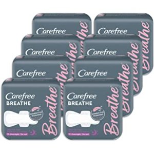 Carefree Breathe Ultra Thin Overnight Pads with Wings, Irritation-Free Protection, 12 - Pack of 8 12 Count (Pack of 8) 96 Count