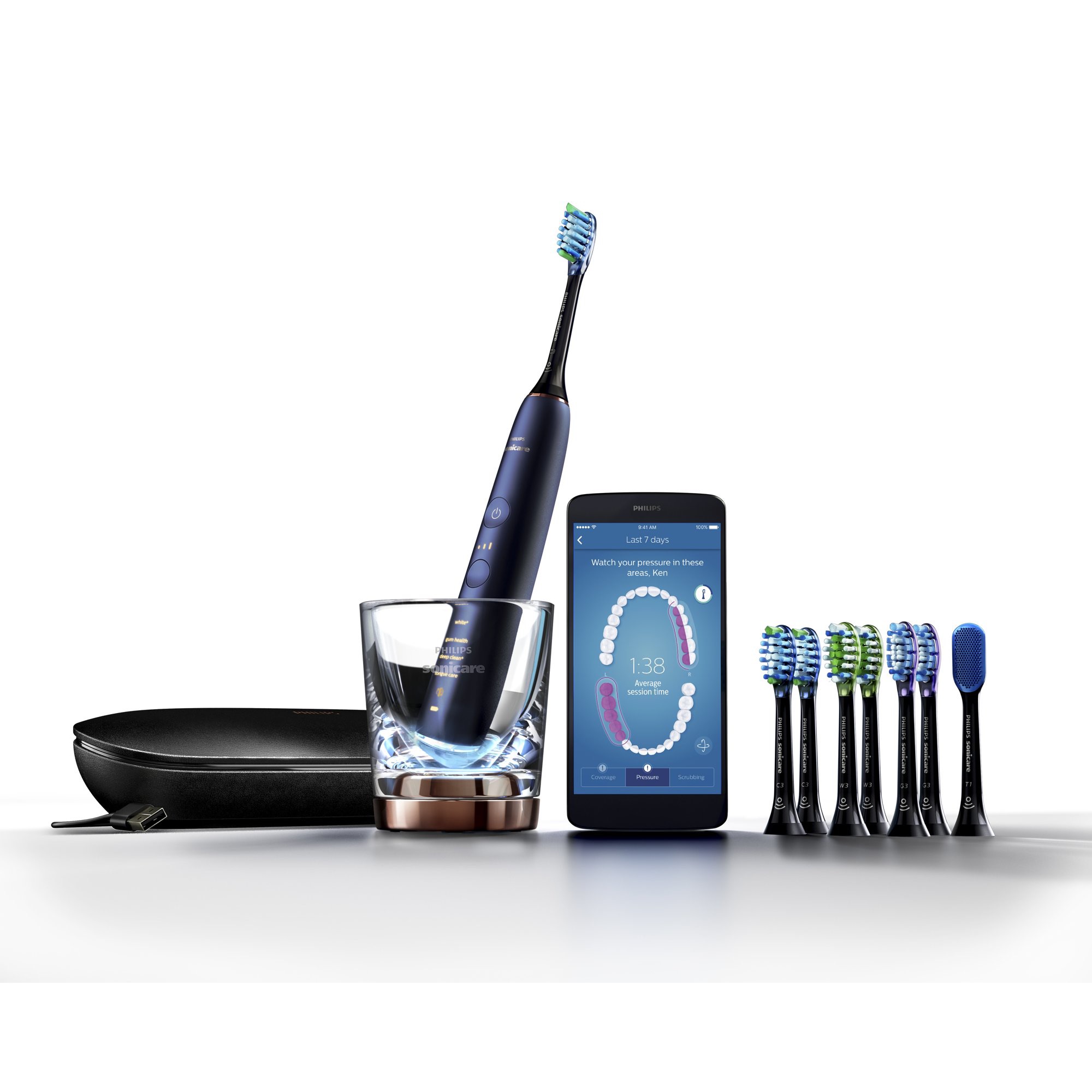 Philips Sonicare DiamondClean Smart Electric, Rechargeable toothbrush for Complete Oral Care, with Charging Travel Case, 5 modes, and 8 Brush Heads – 9700 Series, Lunar Blue自营