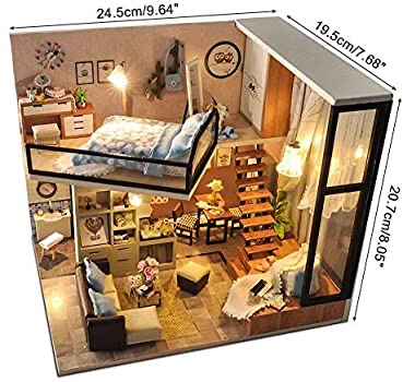 Amazon.com: UniHobby DIY Dollhouse Kit with Dust Proof Cover 1:24 Scale Wooden DIY Miniature Dollhouse Kit Toy Gift 公寓Loft