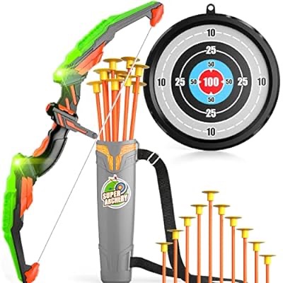 儿童弓箭、儿童射箭套装带发光 LED、目标和箭袋、室内和室外儿童射箭男孩玩具礼物