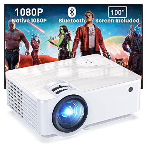 Groview Projector, 1080P Bluetooth Mini Projector with 100” Projector Screen