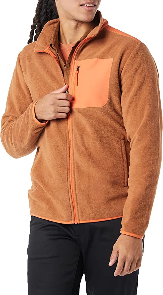 Amazon Essentials Men's Full-Zip Polar Fleece Jacket (Available in Big & Tall), Tobacco Brown/Orange, Color Block, X-Large 男士外套