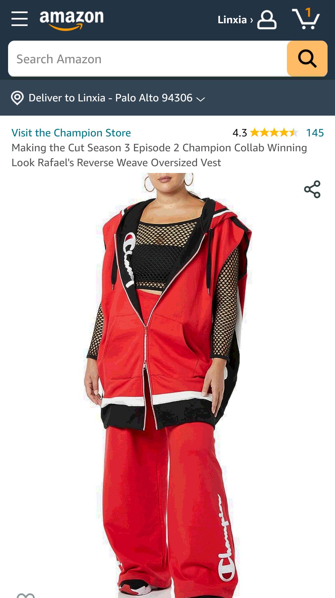 Champion Women's Making the Cut Season 3 Episode 2 Champion Collab Winning Look Rafael's Reverse Weave Oversized Vest Hooded Sweatshirt, Red, X-Small-Medium US : Sports & Outdoors