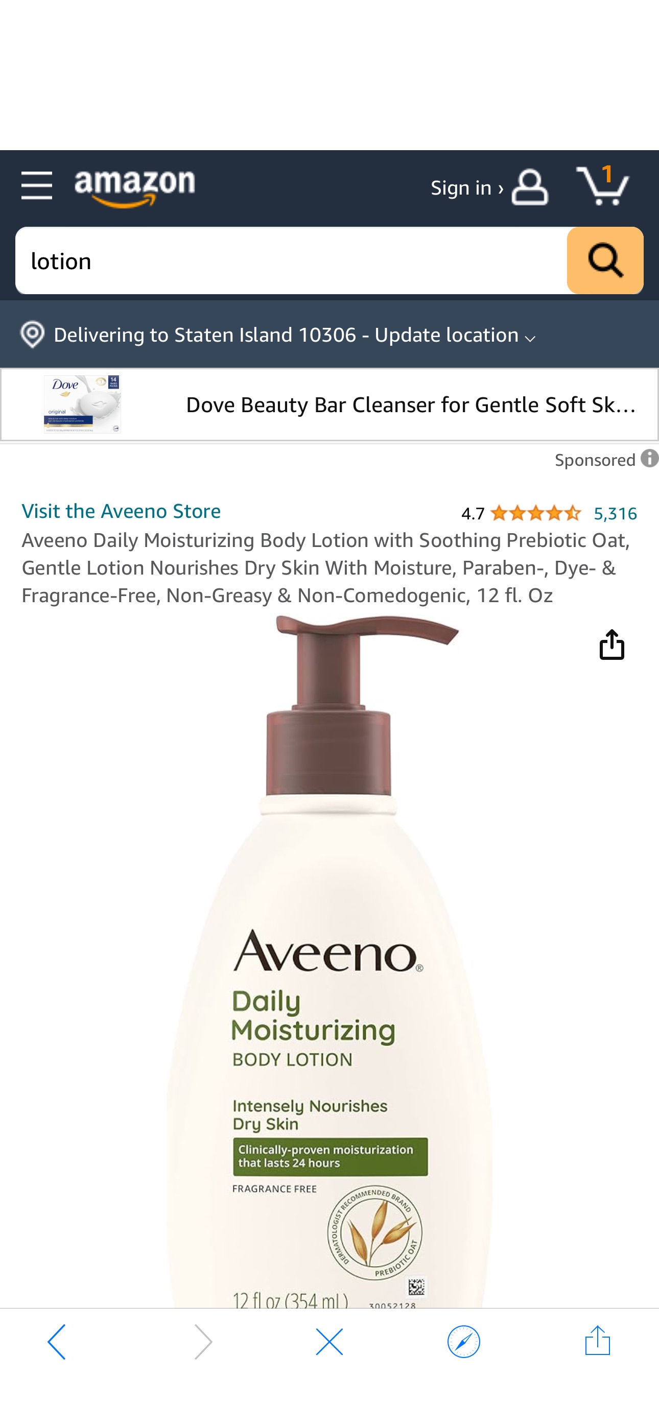 Amazon.com : Aveeno Daily Moisturizing Body Lotion with Soothing Prebiotic Oat, Gentle Lotion Nourishes Dry Skin With Moisture, Paraben-, Dye- & Fragrance-Free, Non-Greasy & Non-Comedogenic, 12 fl. Oz