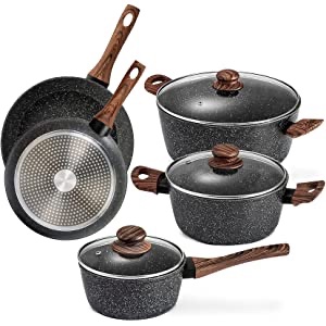 Amazon.com: Prikoi Nonstick Cookware Set, Aluminum Kitchen Pots and Pans Set, Stovetop,Induction & Dishwasher Safe, 8 Piece, Black: Home & Kitchen厨具套装