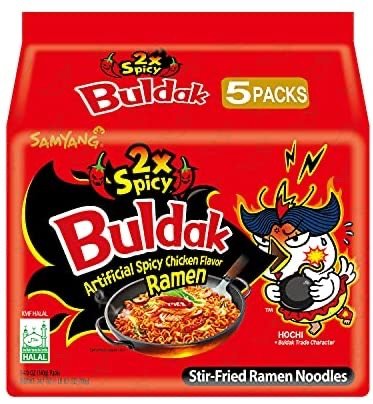 2X Buldak (Korean) Hot Spicy Chicken Stir Fried Ramen 4.94 oz (Pack of 5)