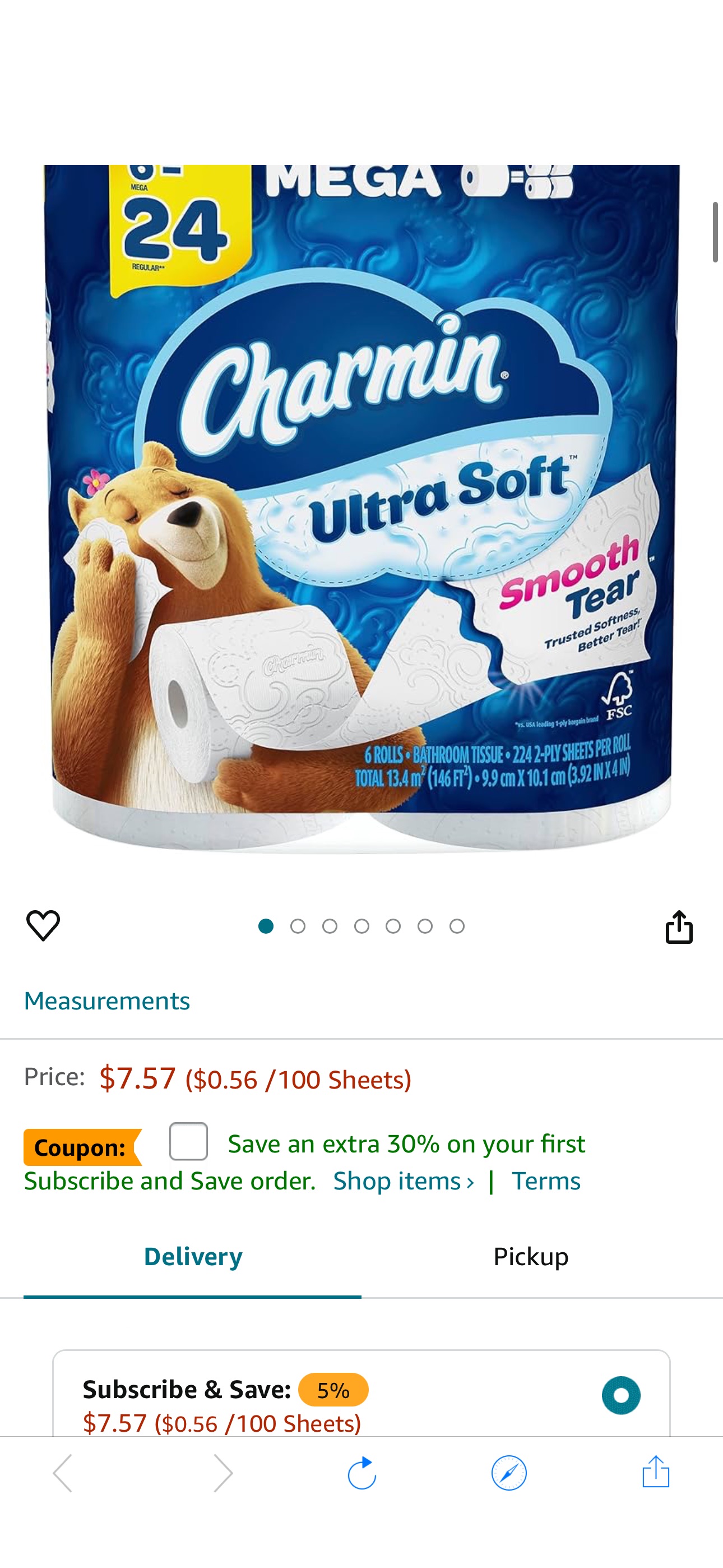 Amazon.com: Charmin Ultra Soft Toilet Paper 6 Mega Rolls = 24 Regular Rolls : Health & Household折扣30%off