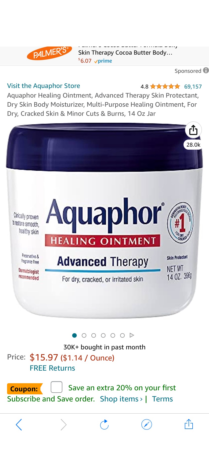 Amazon.com : Aquaphor舒缓霜 Healing Ointment, Advanced Therapy Skin Protectant, Dry Skin Body Moisturizer, Multi-Purpose Healing Ointment, For Dry, Cracked Skin & Minor Cuts & Burns, 14 Oz Jar : Aquaphor Healing Ointment Baby : Beauty & Personal Care