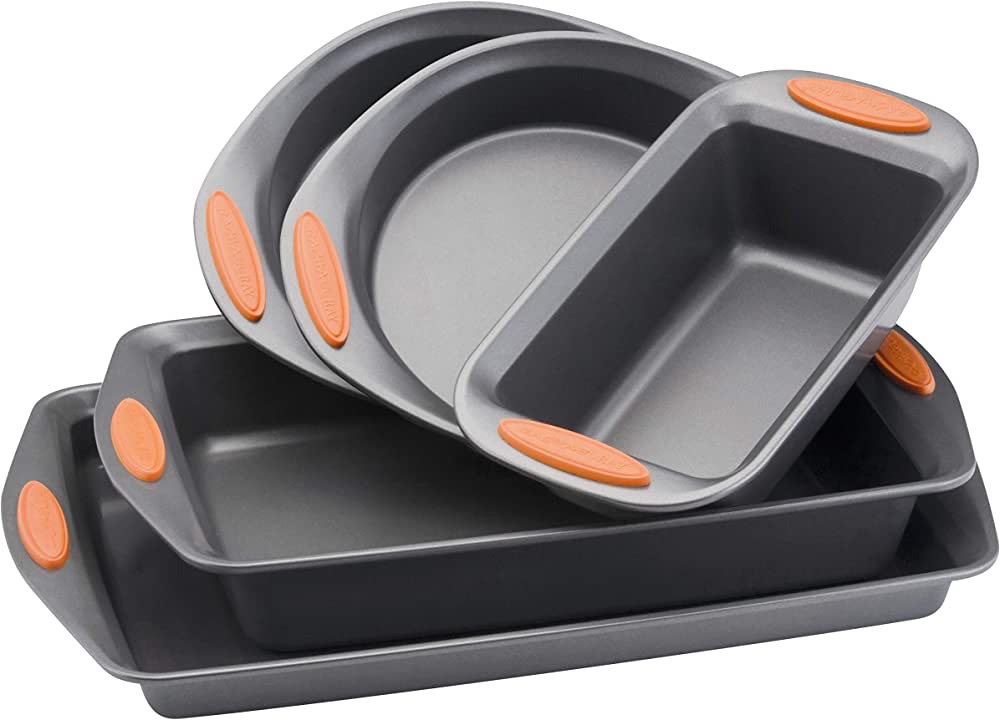 Amazon.com: Rachael Ray 55673 Nonstick Bakeware Set with Grips includes Nonstick Bread Pan, Baking Pans and Cake Pans - 5 Piece, Gray with Orange Grips: Home & Kitchen