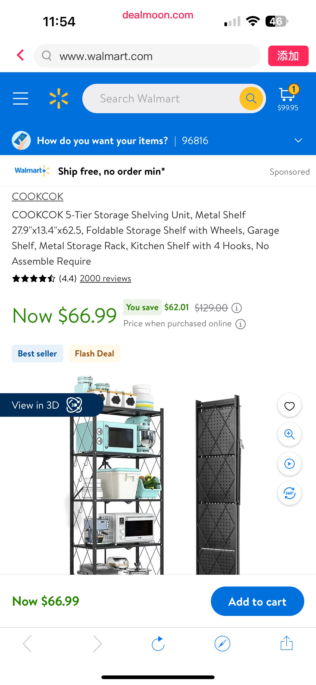 COOKCOK 5-Tier Storage Shelving Unit, Metal Shelf 27.9"x13.4"x62.5, Foldable Storage Shelf with Wheels, Garage Shelf, Metal Storage Rack, Kitchen Shelf with 4 Hooks, No Assemble Require - Walmart.com折