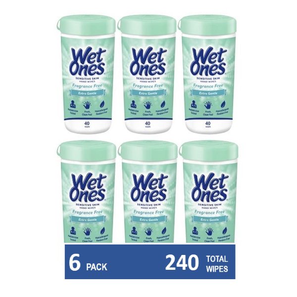 (6 Pk) Wet Ones Sensitive Skin Hand Wipes Canister, 40 Ct