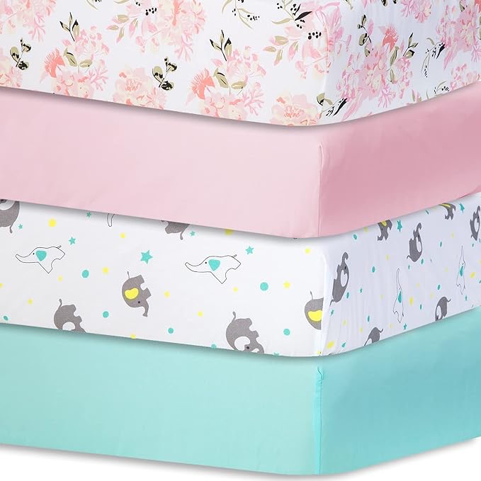 bimocosy Fitted Crib Sheets Girl,Boy 4 Pack, 28''x 52'' Multi Color Available, Breathable & Soft Microfiber Toddler Sheets for Standard Crib and Toddler Mattresses, Floral/Elephant/Pink/Light Green : 