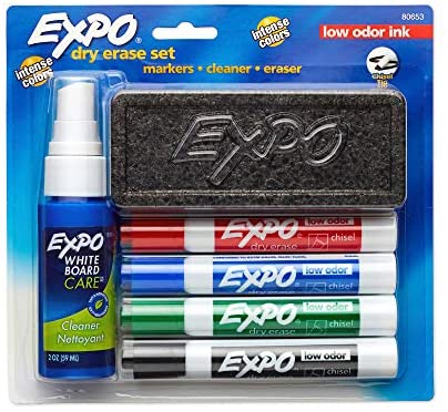 亚马逊：Expo Low Odor Dry Erase Marker Set with White Board Eraser and Cleaner | 凿尖干擦记号笔 | 各种颜色，带白板清洁剂的 6 件套 :