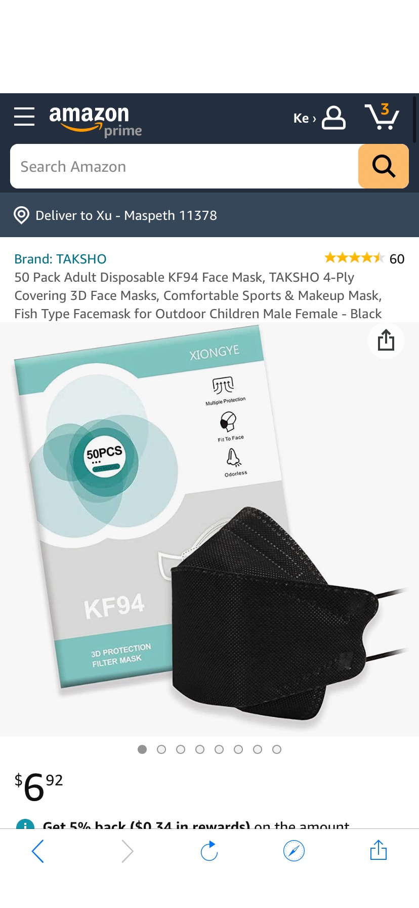 50 Pack Adult Disposable KF94 Face Mask, TAKSHO 4-Ply Covering 3D Face Masks, Comfortable Sports & Makeup Mask, Fish Type Facemask for Outdoor Children Male Female - Black: Amazon.com: KF94口罩50个装