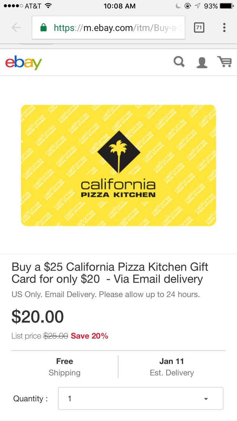 Buy a $25 California Pizza Kitchen Gift Card for only $20  电子礼卡只需$20