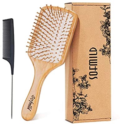 Hair Brush-Natural Wooden Bamboo Brush and Detangler Tail Comb Hair Brush Set, Eco-Friendly Paddle Hair Brushes for Women Men and Kids Make Thin Long Curly Hair Health 防打结天然竹制梳 2件套