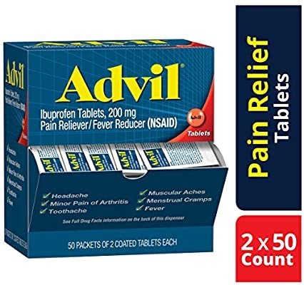 Advil Coated Tablets Pain Reliever and Fever Reducer, Ibuprofen 200mg, 100 Count (50 Packets of 2 Capsules)