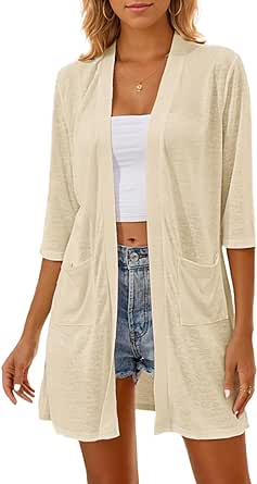 Halife 女式夏季轻质开衫（带口袋）3/4 袖前开休闲沙滩罩衫
