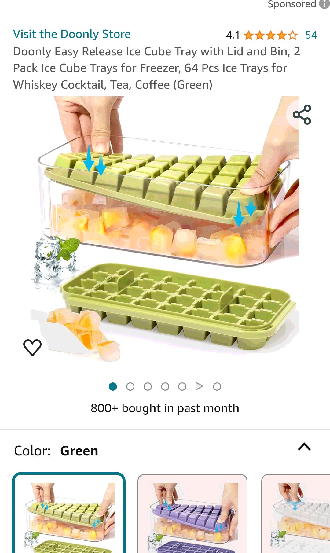 Doonly Easy Release Ice Cube Tray with Lid and Bin, 2 Pack Ice Cube Trays for Freezer, 64 Pcs Ice Trays for Whiskey Cocktail, Tea, Coffee (Green): Home & Kitchen