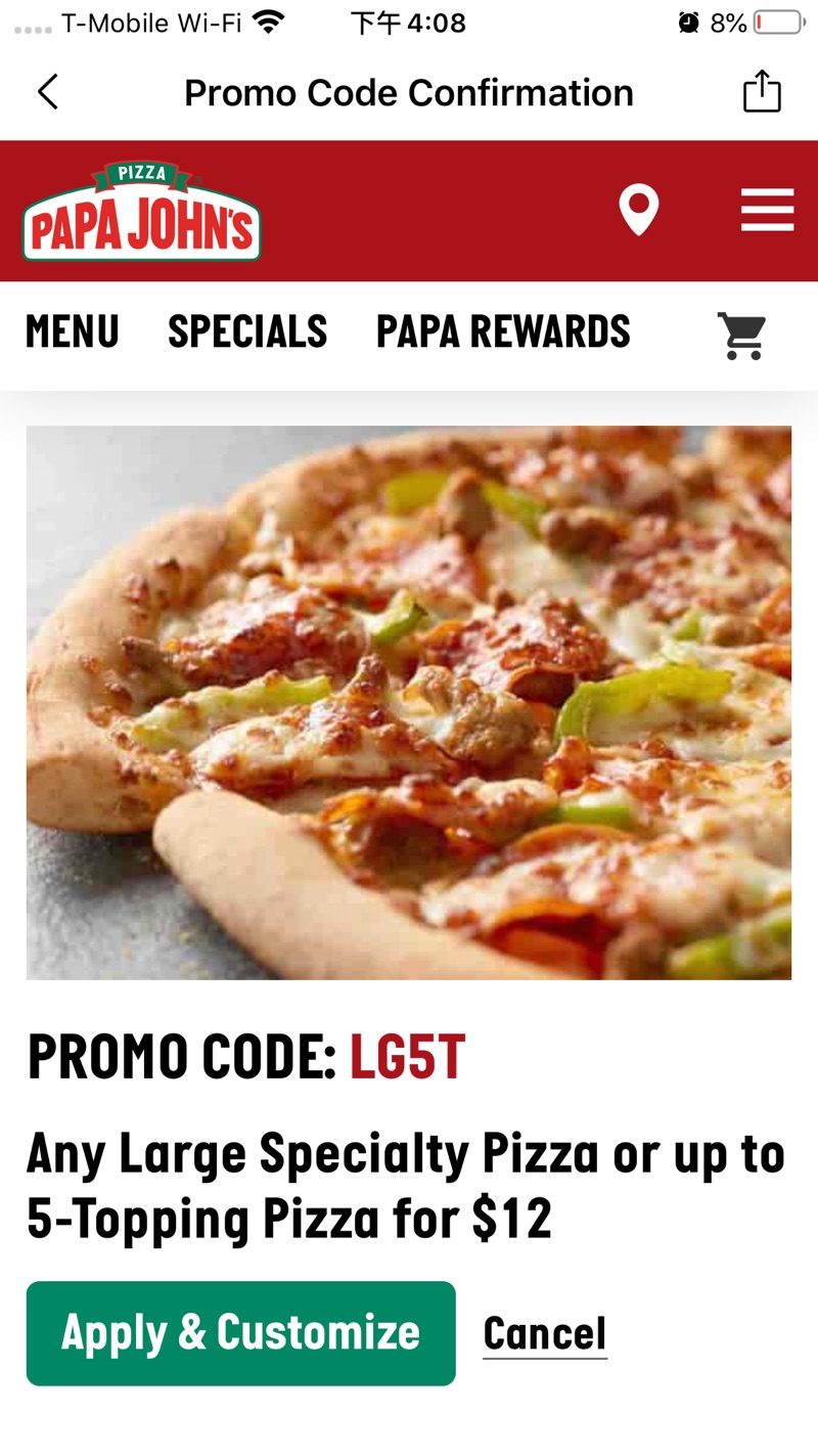 Papa John’s Pizza Delivery & Carryout – 全场放五个东西的披萨12刀