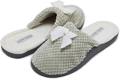 Amazon.com | Laura Ashley Rugged Spa Slipper w/Bow, Cozy Memory Foam Hard Bottom Slippers for Women, Soft Warm House Shoes, Nickel Green, Large | Slippers