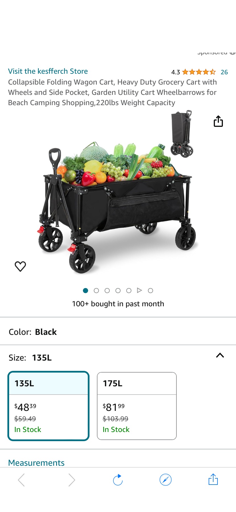 沙滩推车 Amazon.com: Collapsible Folding Wagon Cart, Heavy Duty Grocery Cart with Wheels and Side Pocket, Garden Utility Cart