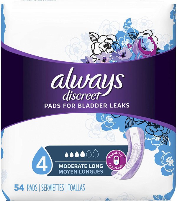 Discreet Incontinence Pads for Women, Moderate Absorbency, Long Length, 54 Count